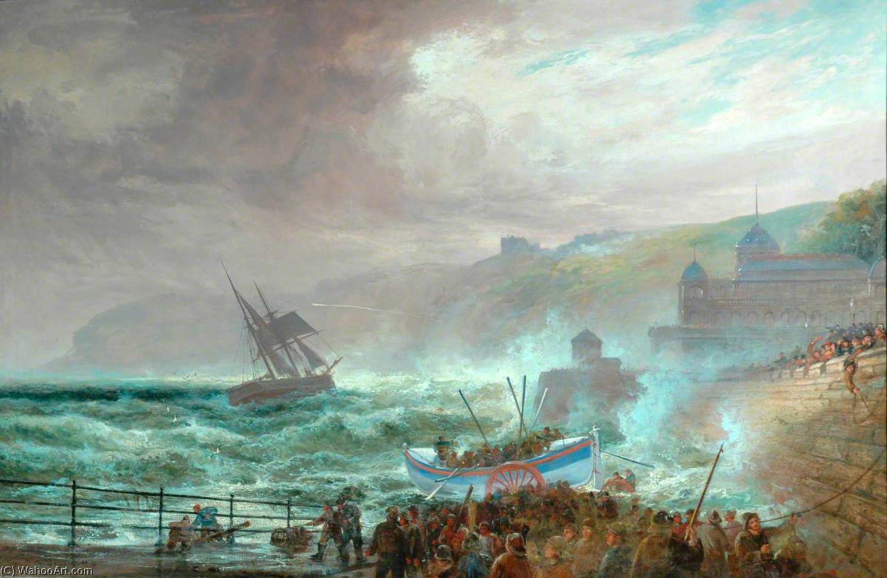 Wreck Off Spa, Showing Lifeboat Being Launched Below Cliff Bridge — Robert Ernest Roe