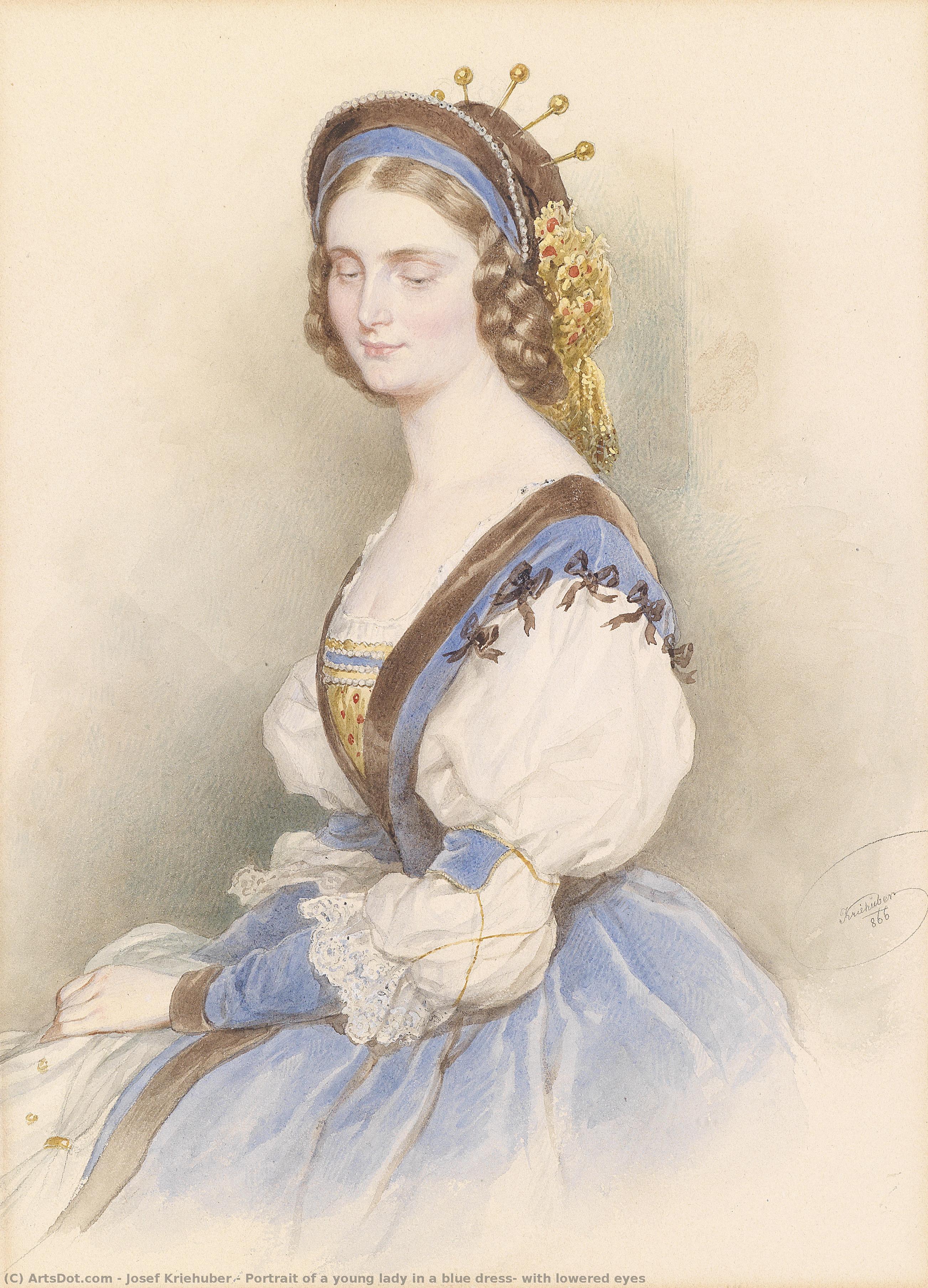 Portrait Of A Young Lady In A Blue Dress, With Lowered Eyes — Josef Kriehuber