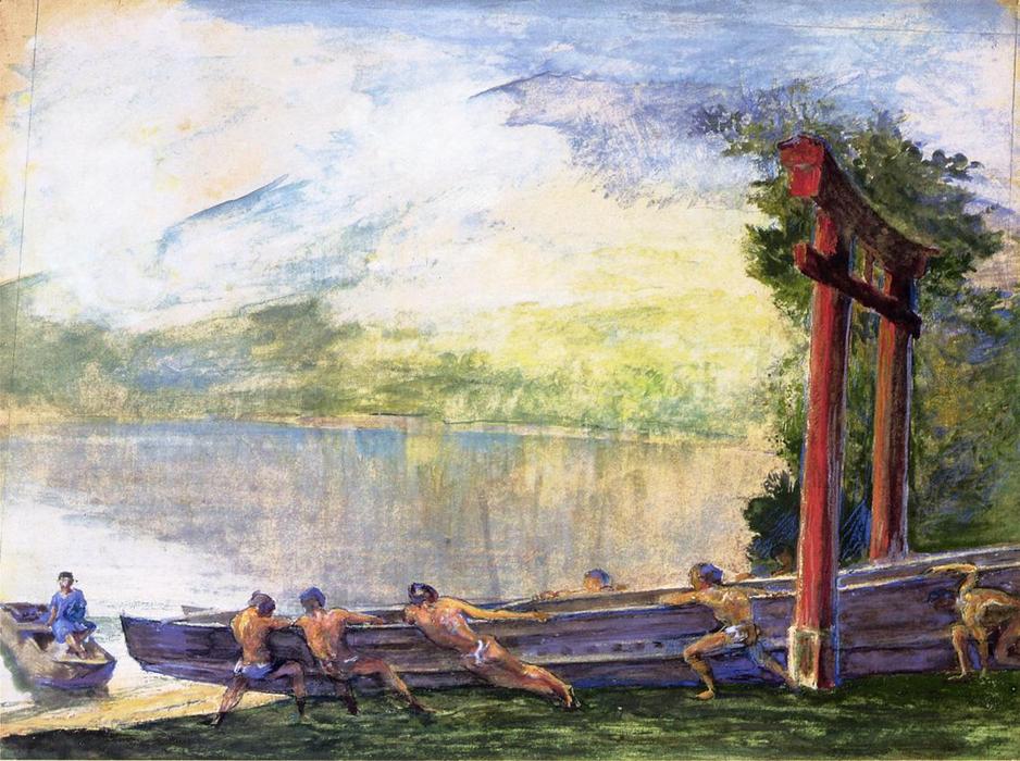 A Torii On Shore Of Lake Chusenji, Japan. Fishermen Pushing Out Their Boat — John La Farge