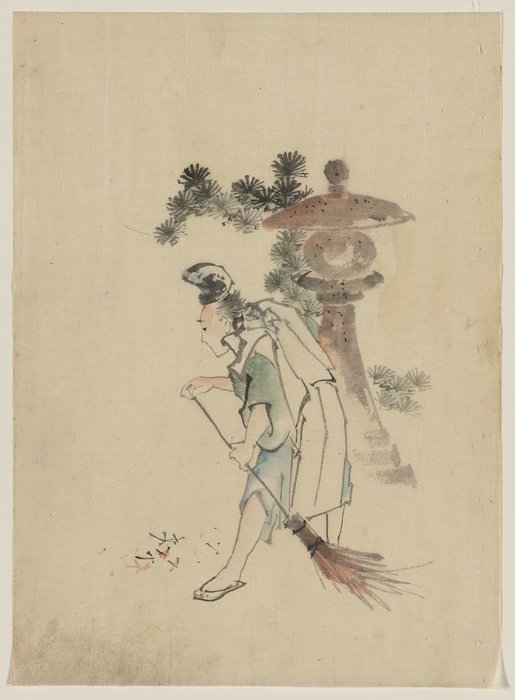 A Man Sweeping Pine Needles That Have Fallen From A Tree Near A Stone Shrine — Katsushika Hokusai