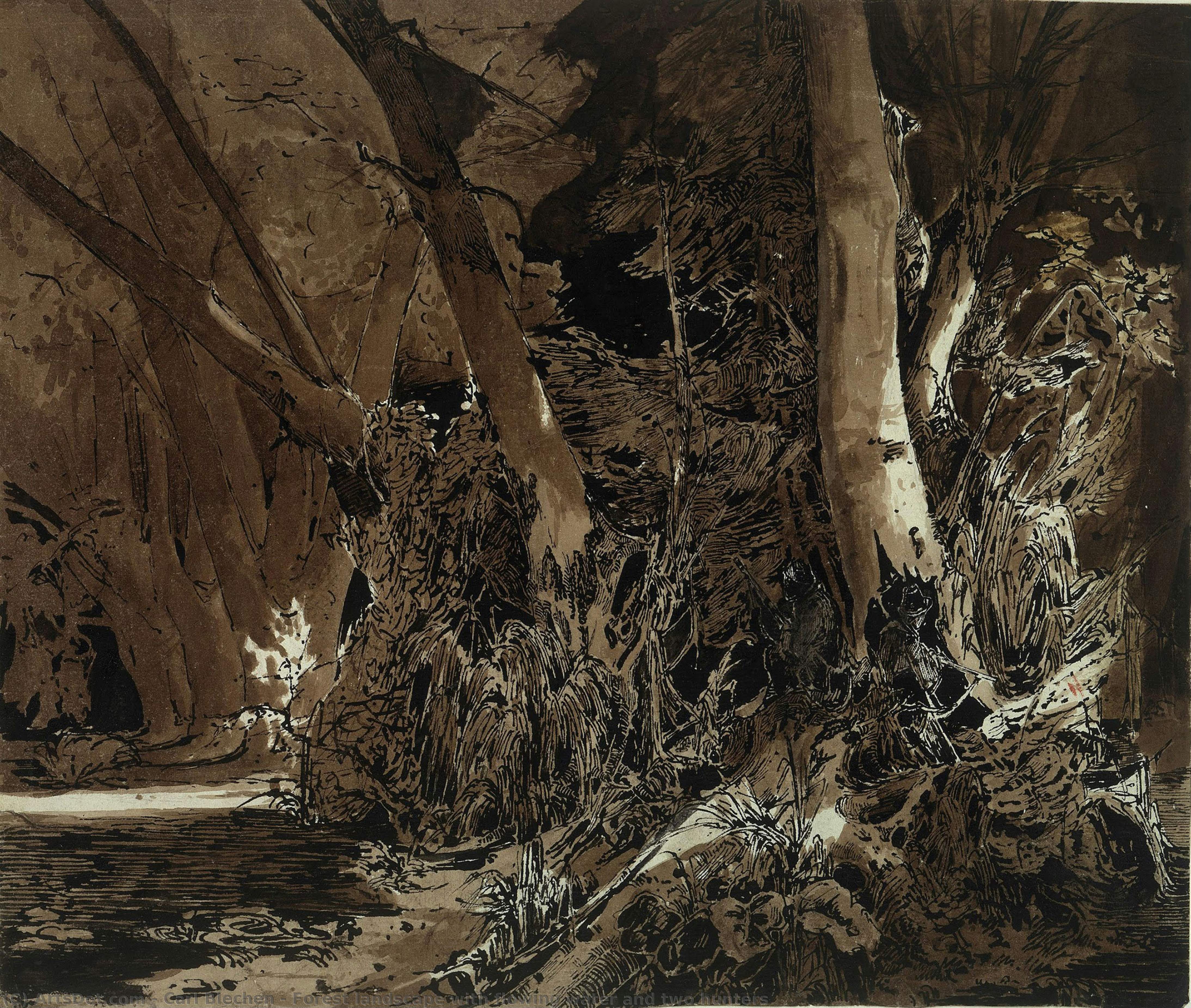 Forest Landscape With Flowing Water And Two Hunters — Карл Блехен