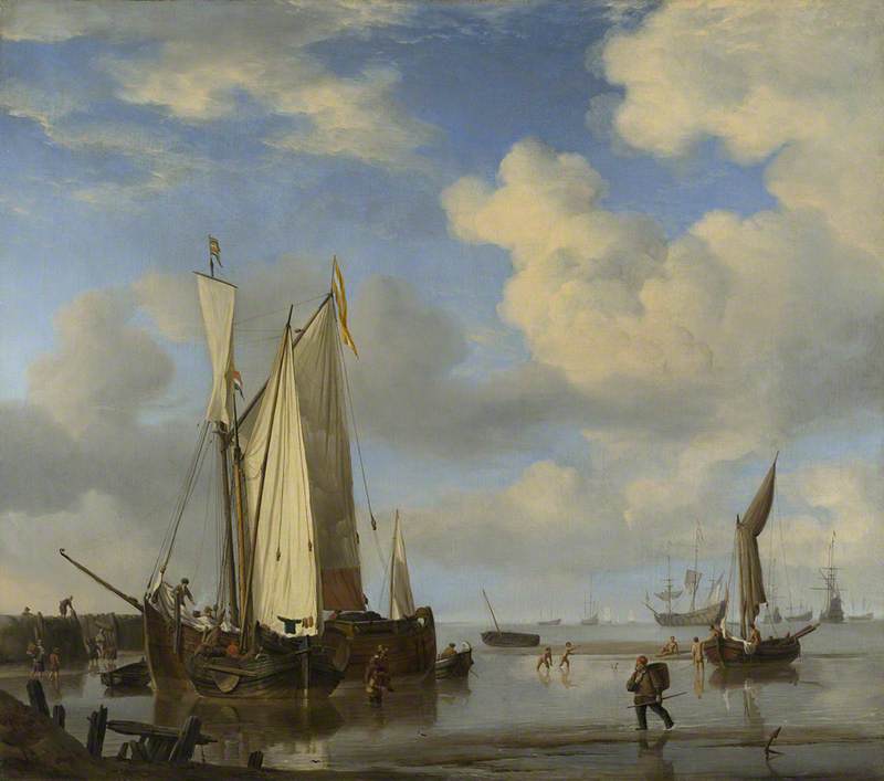 Dutch Vessels Close Inshore At Low Tide, And Men Bathing — Willem Van De Velde The Elder