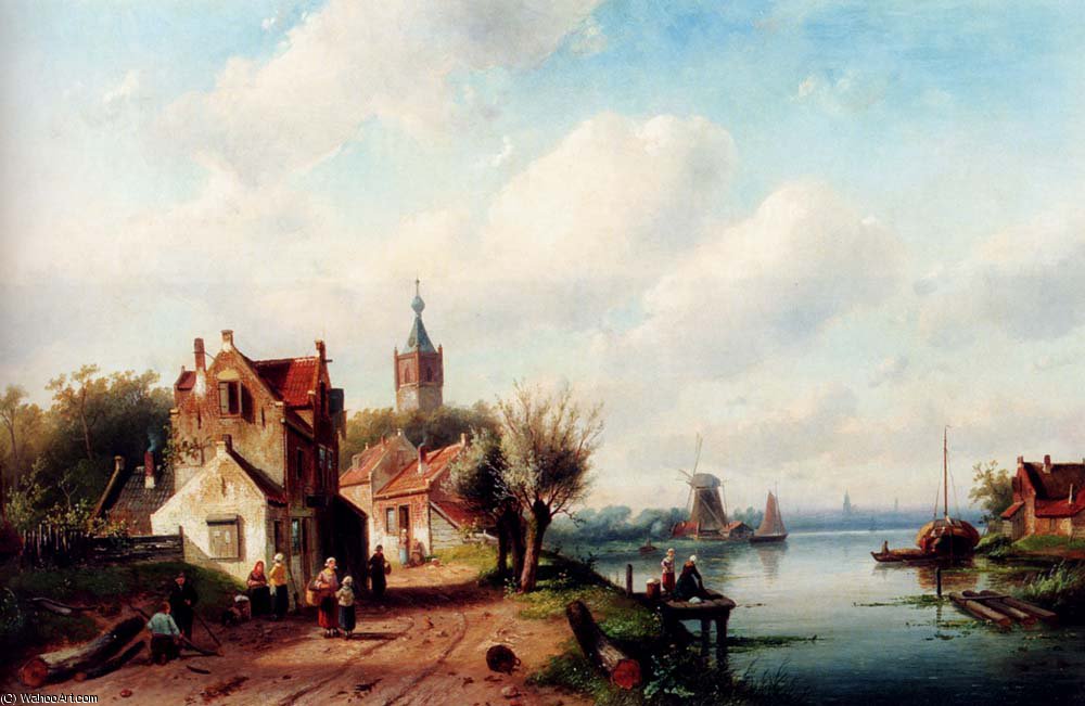 A Village Along A River A Town In The Distance — Charles Henri Joseph Leickert