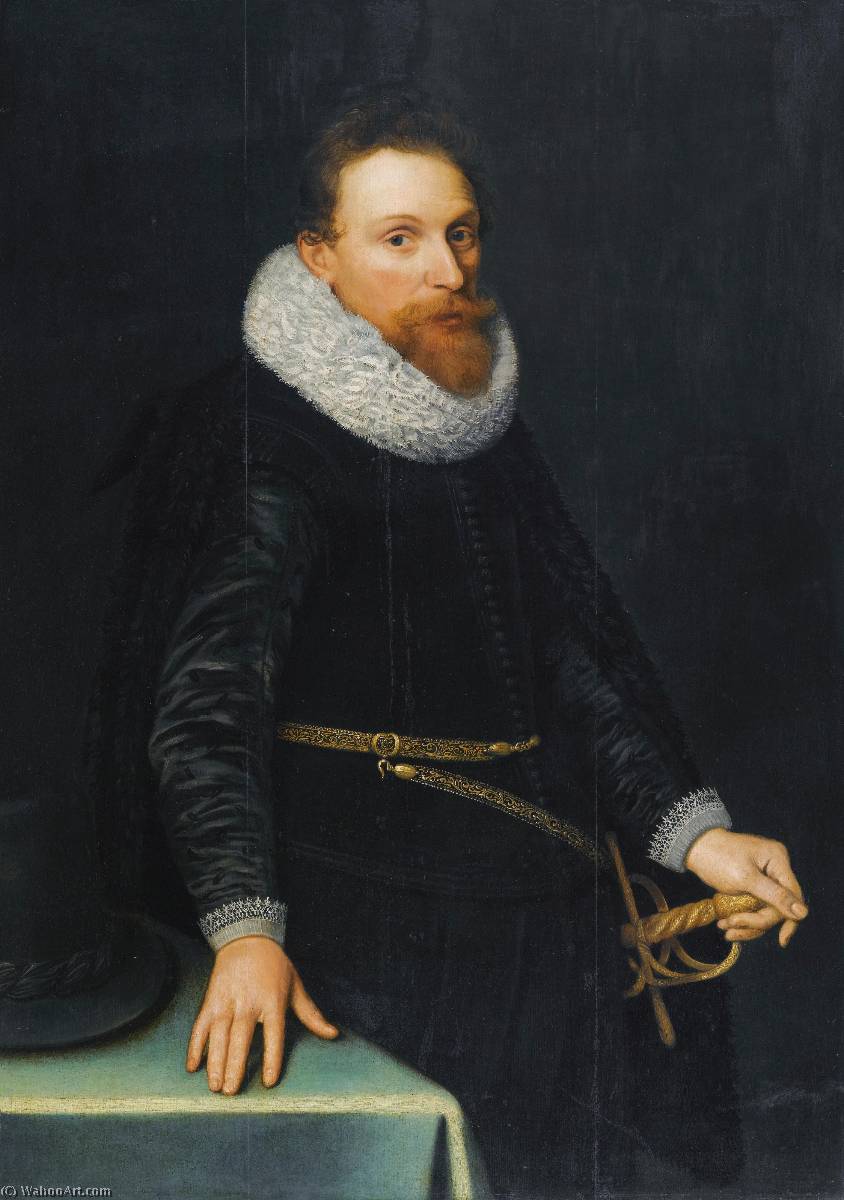Portrait Of A Gentleman, Three Quarter Length, Standing, Wearing A Black Tunic And White Ruff — Michiel Jansz Van Miereveld