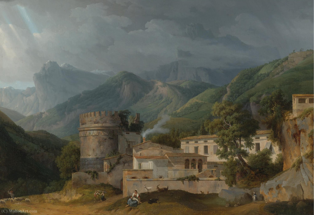 Italian Landscape With A Village At The A Foot Of Mountain Range — Alexandre-hyacinthe Dunouy