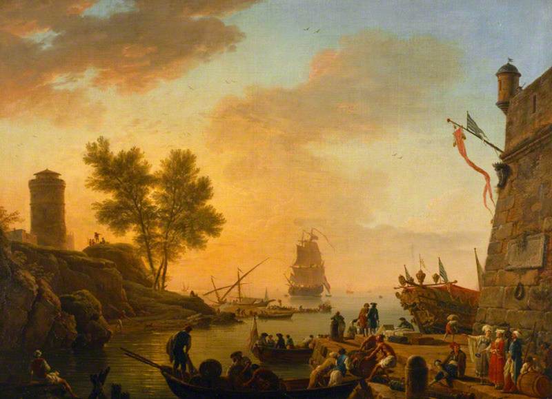Evening Habour Scene With Boats Being Unloaded And Spectators — Claude-joseph Vernet