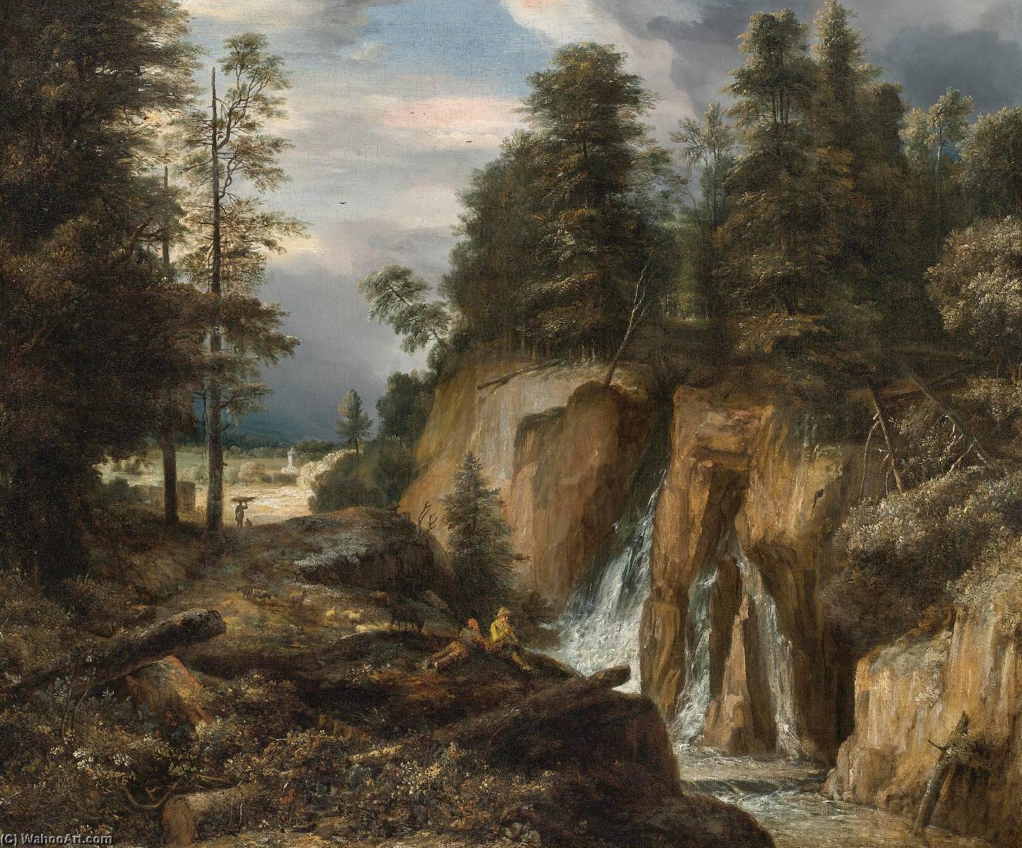 Rocky Landscape With A Waterfall And Two Figures Resting — Roelant Roghman