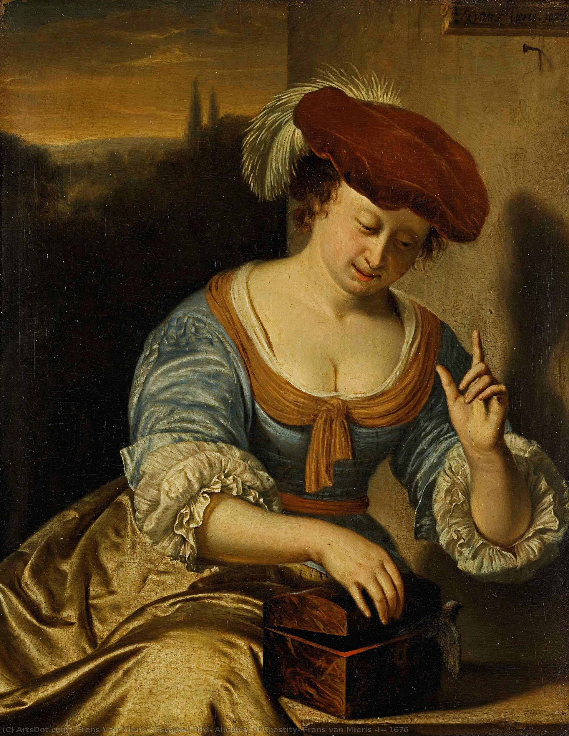 Escaped Bird: Allegory Of Chastity, Frans Van Mieris (i), 1676 — フランス・ファン・ミールリス