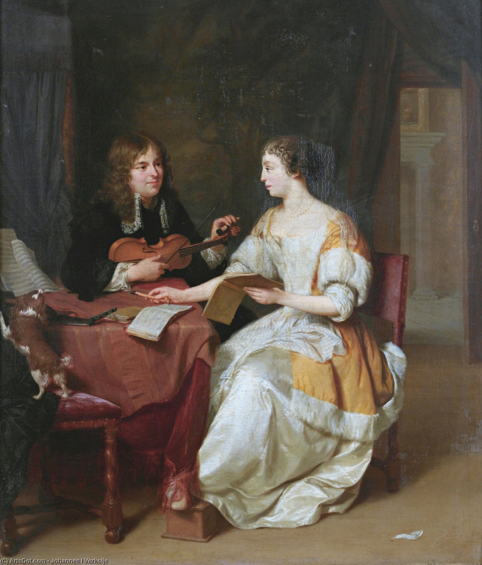 An Elegant Couple Making Music In An Interior — Johannes Verkolje