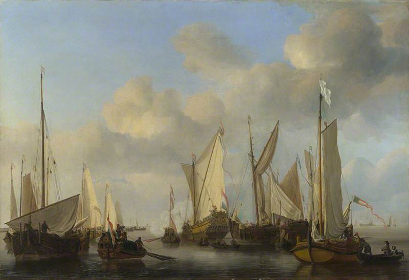 A Dutch Yacht Surrounded By Many Small Vessels, Saluting As Two Barges Pull Alongside — Willem Van De Velde The Elder