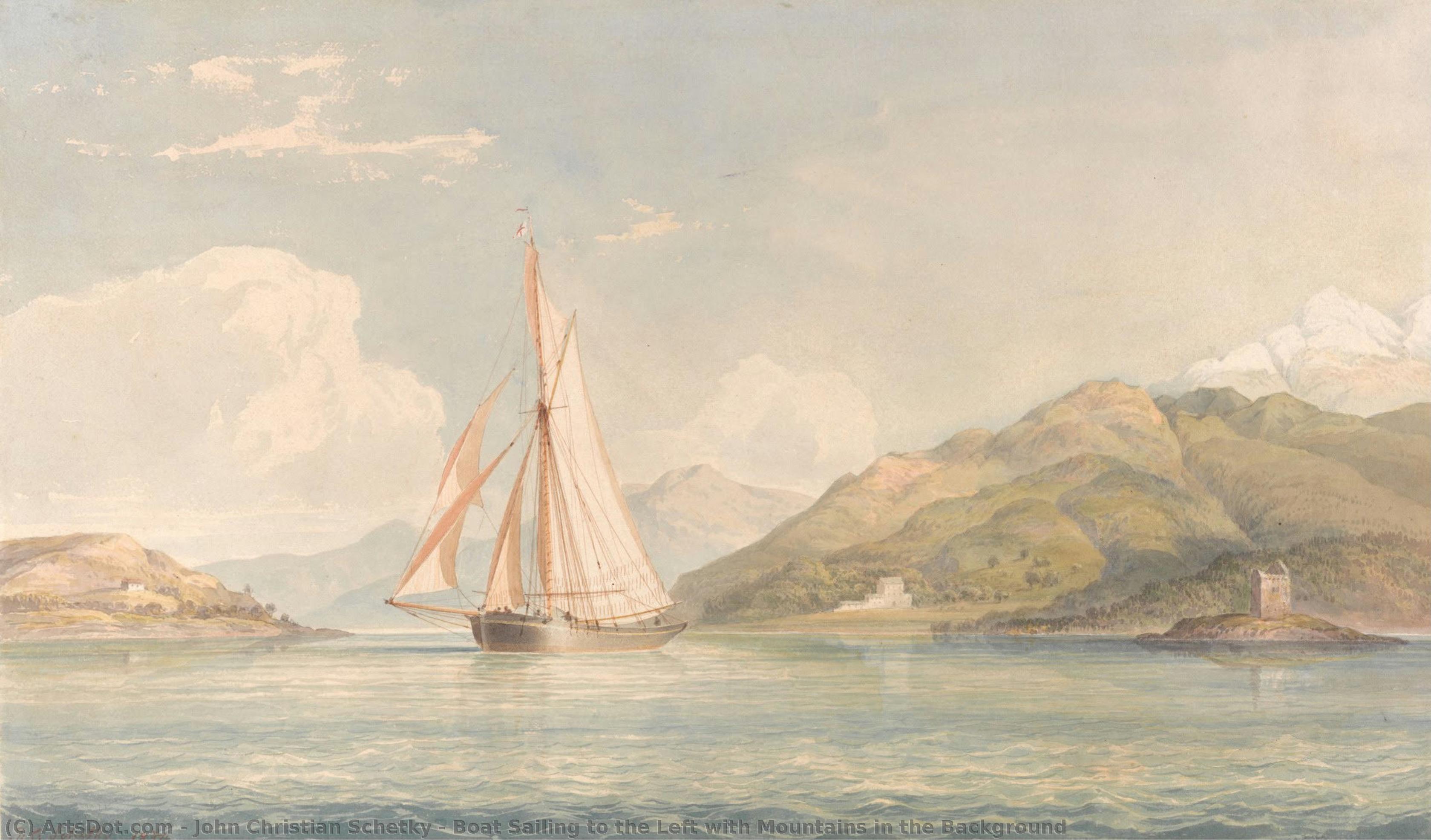 Boat Sailing To The Left With Mountains In The Background — John Christian Schetky