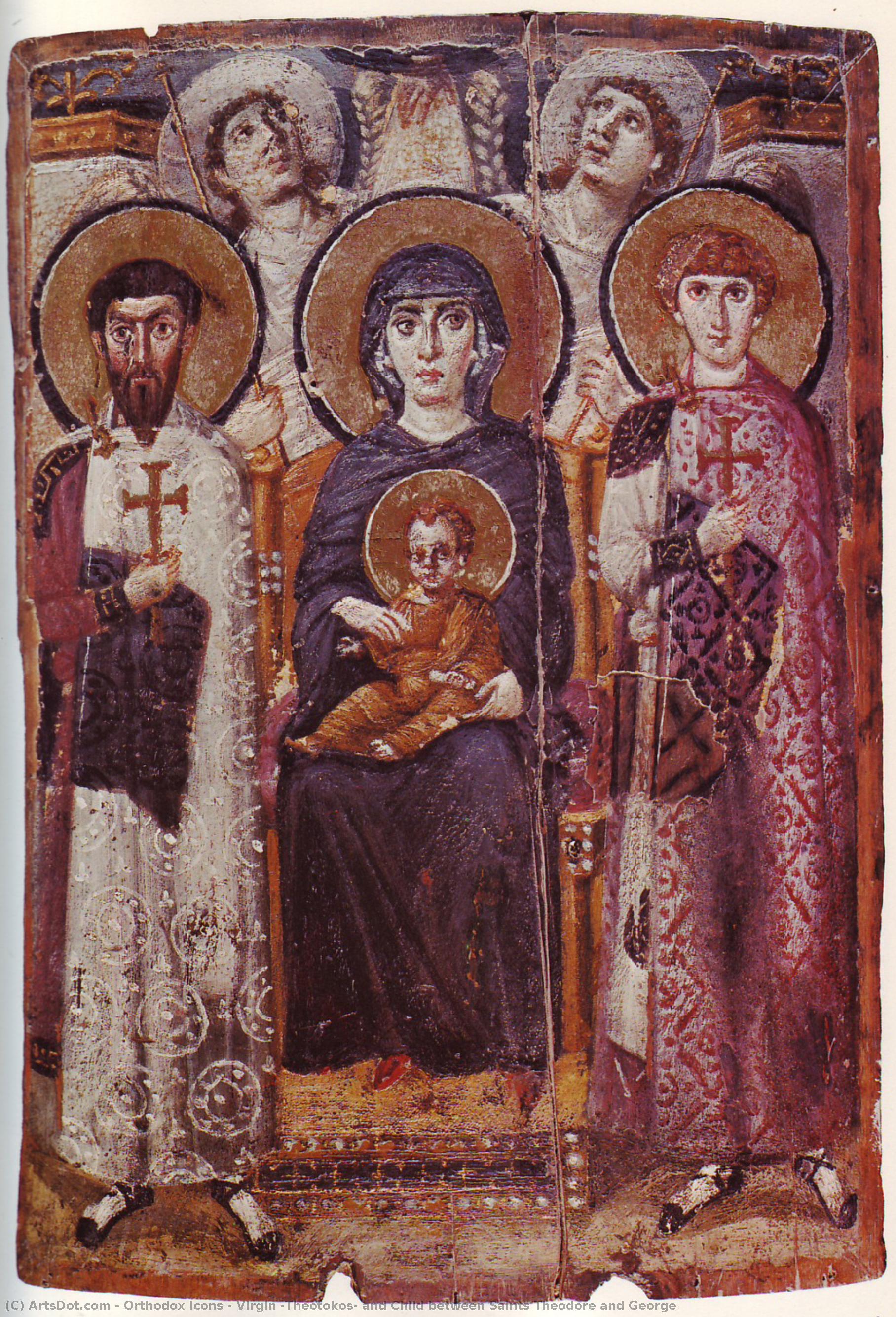 Virgin (theotokos) And Child Between Saints Theodore And George — Orthodox Icons