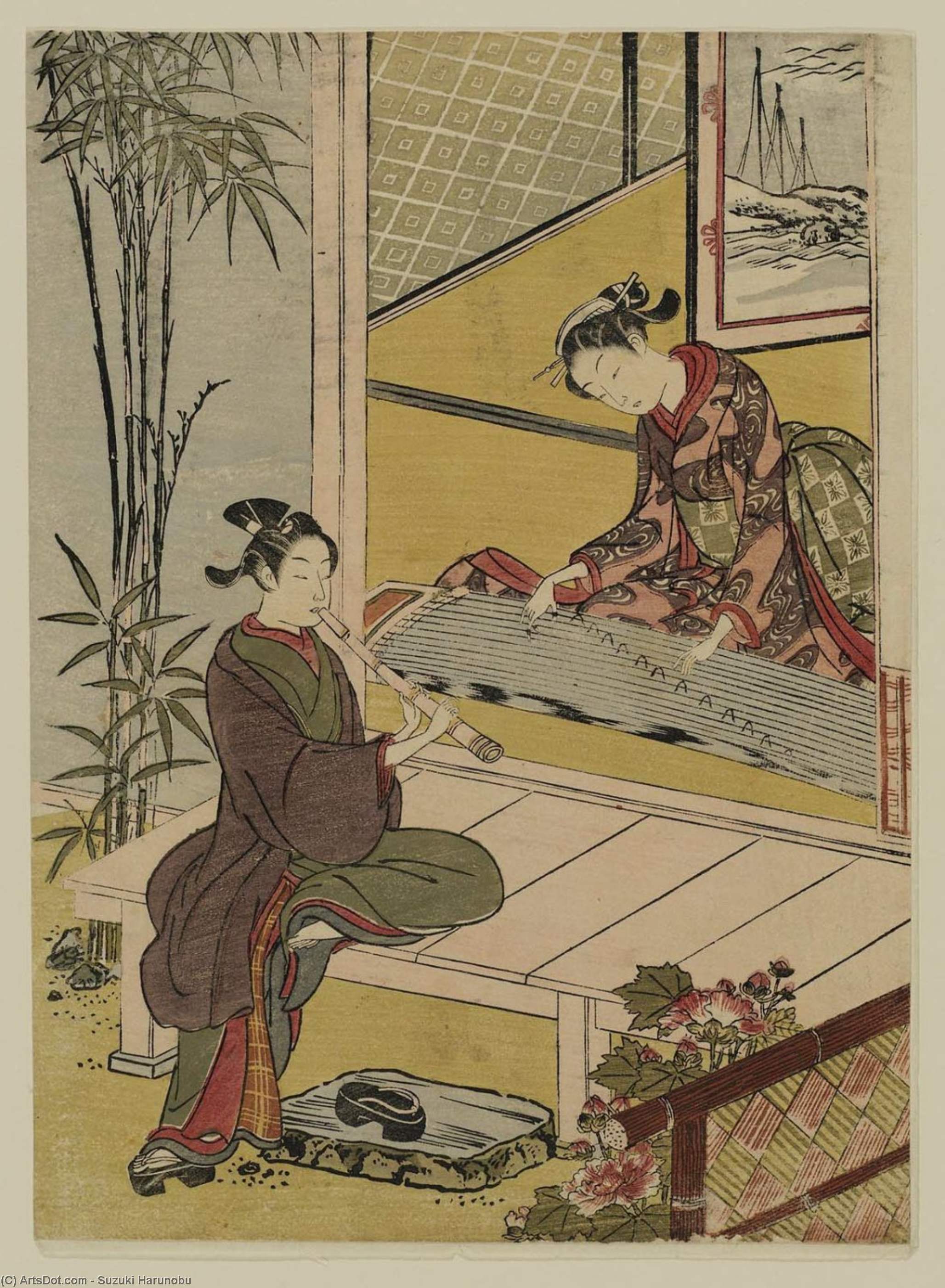 Couple Playing A Duet On Koto And Shakuhachi — Suzuki Harunobu