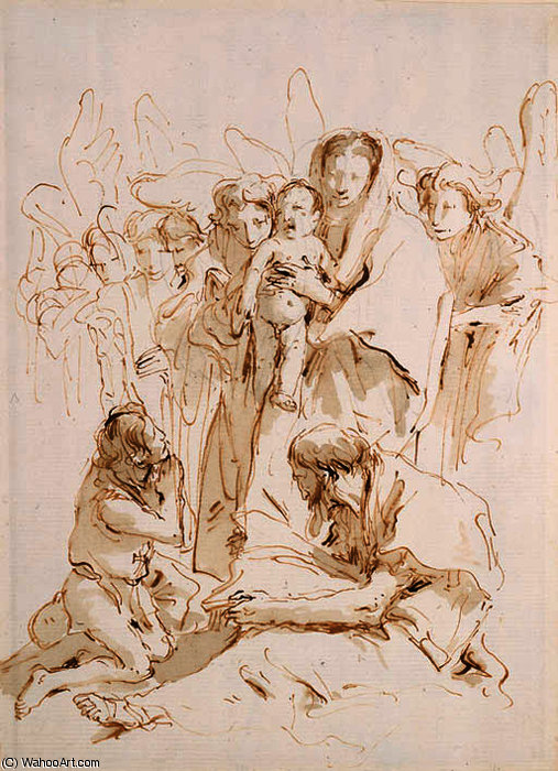 The Madonna And Child Surrounded By Angels Appearing To A Kneeling Pilgrim And A Seated Saint Reading A Book — Giambattista Tiepolo