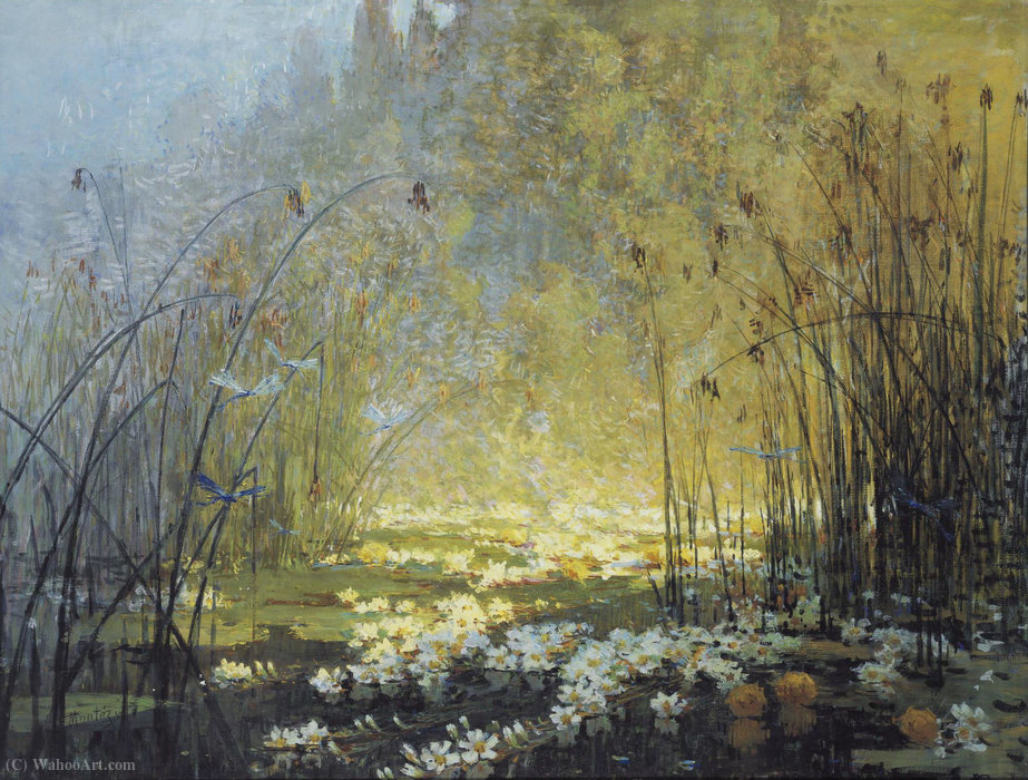 The Pond With Waterlilies And Dragon-flies — Pierre-eugène Montézin