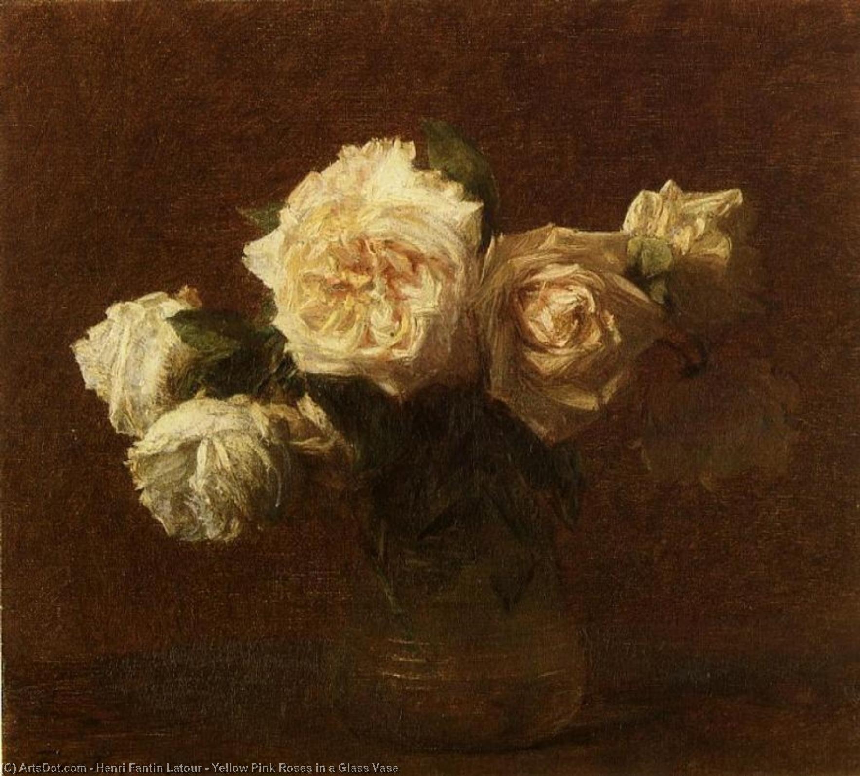 Yellow Pink Roses In A Glass Vase — Henri Fantin-latour