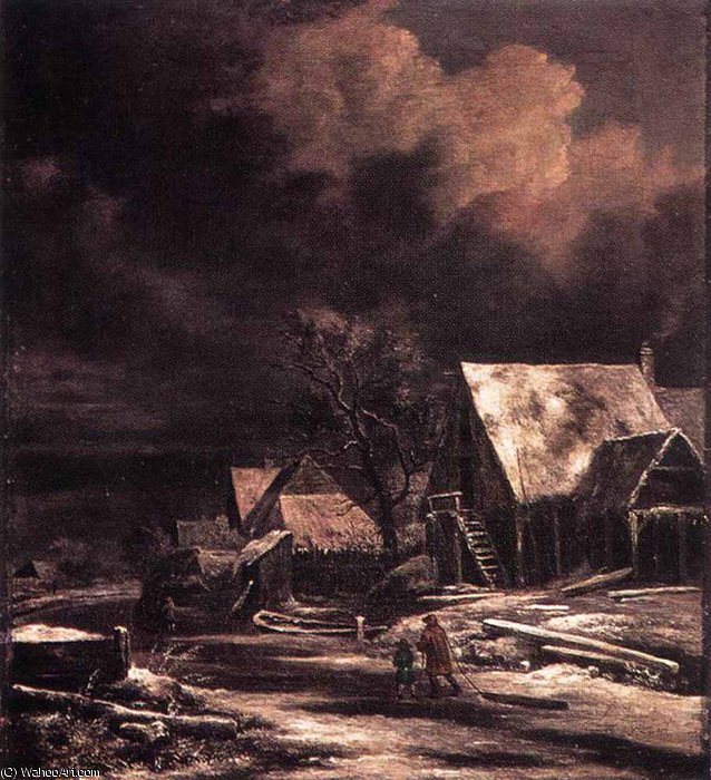 Village At Winter At Moonlight — Jacob Isaackszoon Van Ruisdael