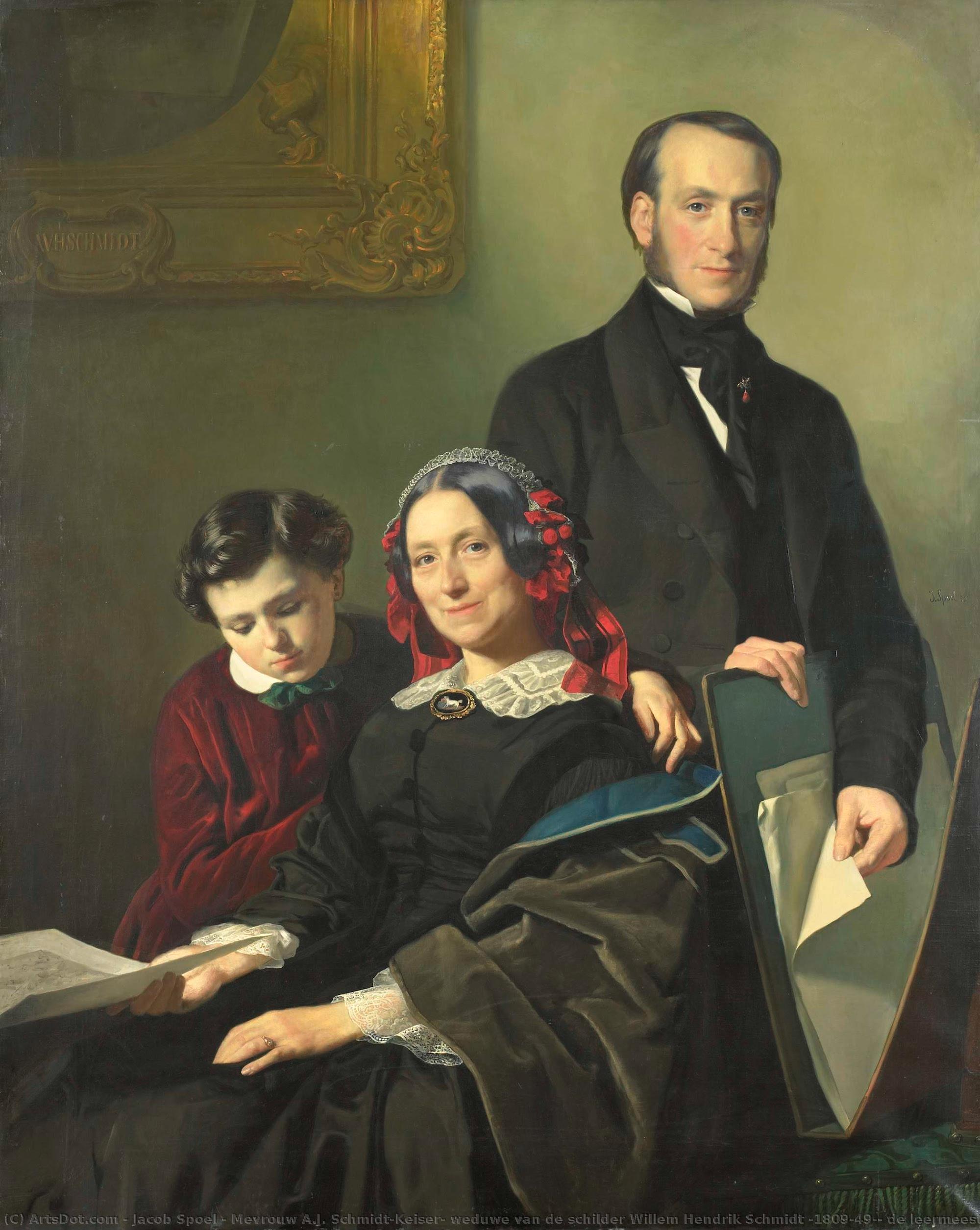 Mevrouw A.j. Schmidt-keiser, Weduwe Van De Schilder Willem Hendrik Schmidt (1809-49), De Leermeester Van Jacob Spoel, Met Haar Broer J.n. Keiser En Haar Tienjarig Zoontje, Jacob Spoel, 1858 — Jacob Spoel