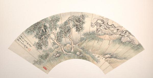 近代 顧麟士 臨溪亭子圖 扇面 Pavilion Beside A Rock Garden And Stream — Gu Linshi