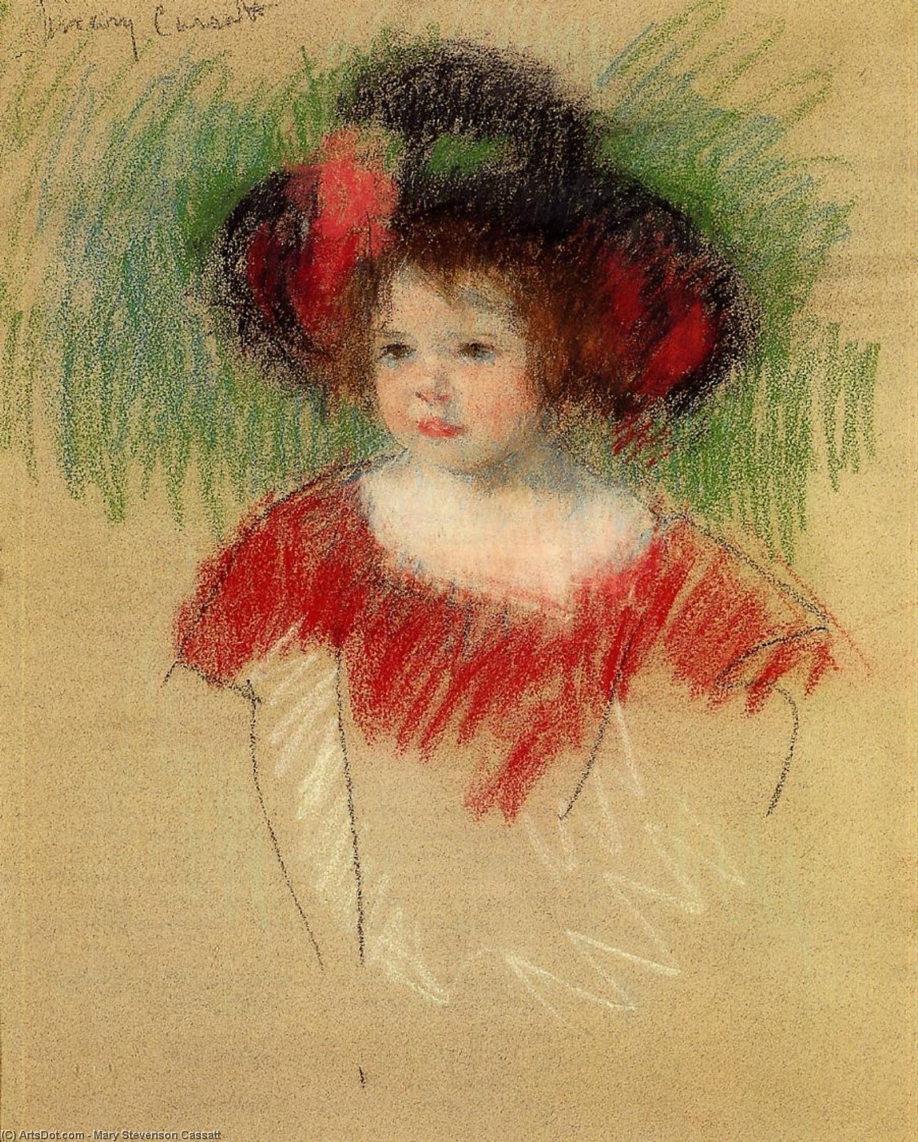 Margot In Big Bonnet And Red Dress — Mary Stevenson Cassatt