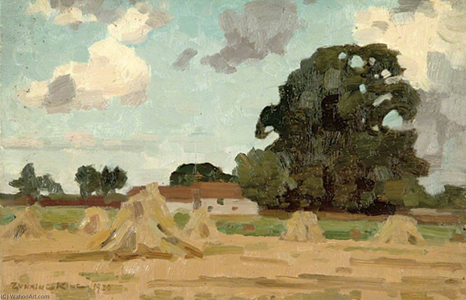 Country Scene With Haystacks And A Large Tree — Gunning King