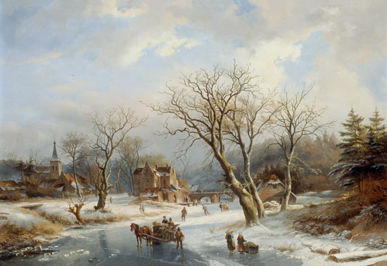 Figures Skating On A Frozen River Before A Village — Albert Jurardus Van Prooijen