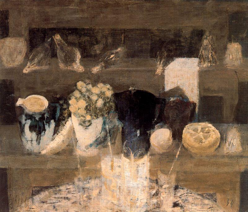 Bodegón Con Jarras, Flores Y Pájaros — Francisco Gutiérrez Cossio (pancho Gutierrez Cossio)