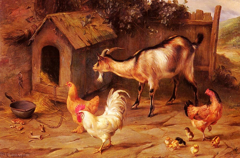 Fowl Chicks And Goats By A Dog Kennel — Edgar Hunt