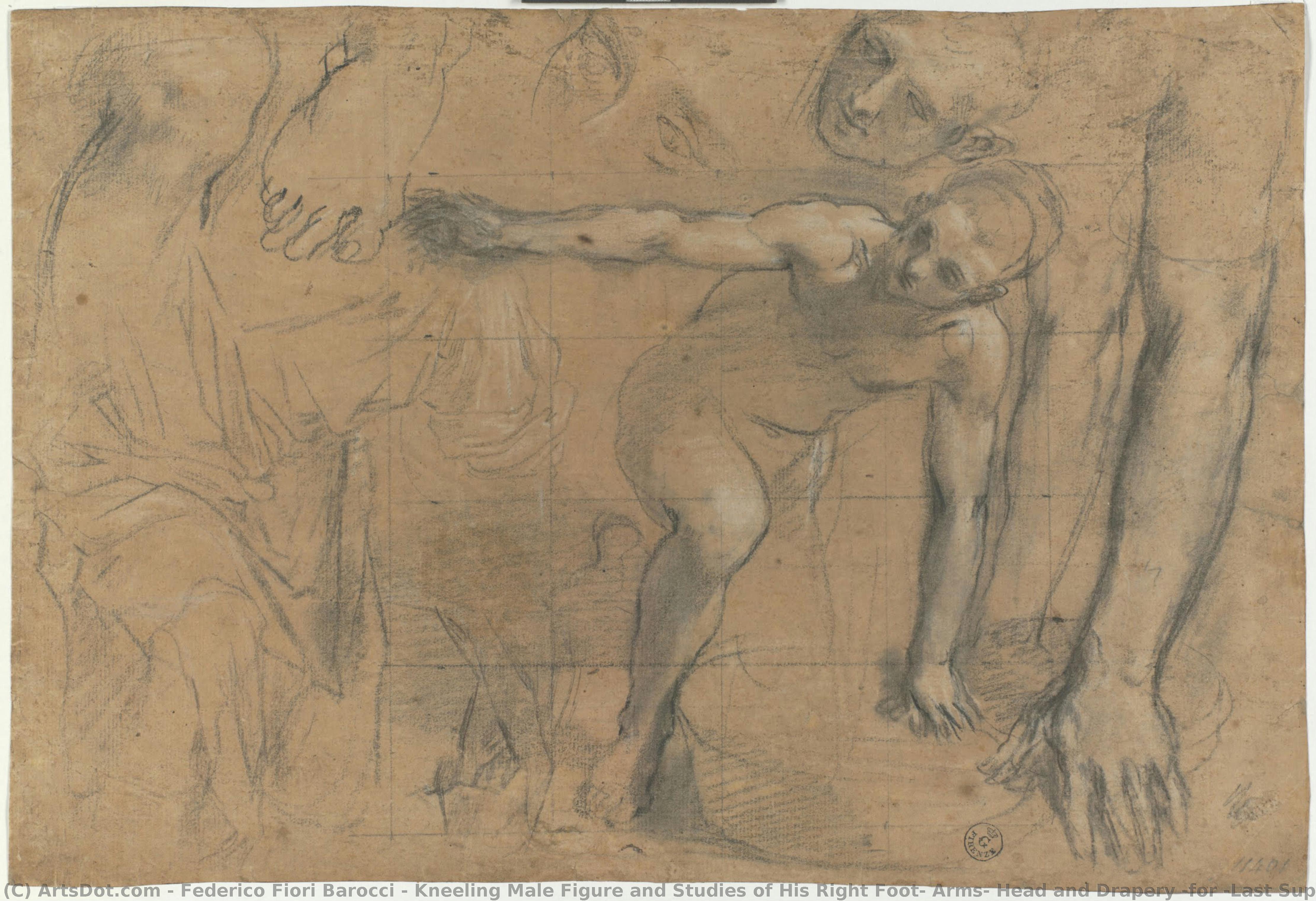 Kniende Männliche Figur Und Studien Seines Rechten Fußes, Der Arme, Des Kopfes Und Des Faltenwurfs (für „das Abendmahl“, Urbino, Kathedrale Von Santa Maria Vergine Assunta) — Federico Fiori Barocci