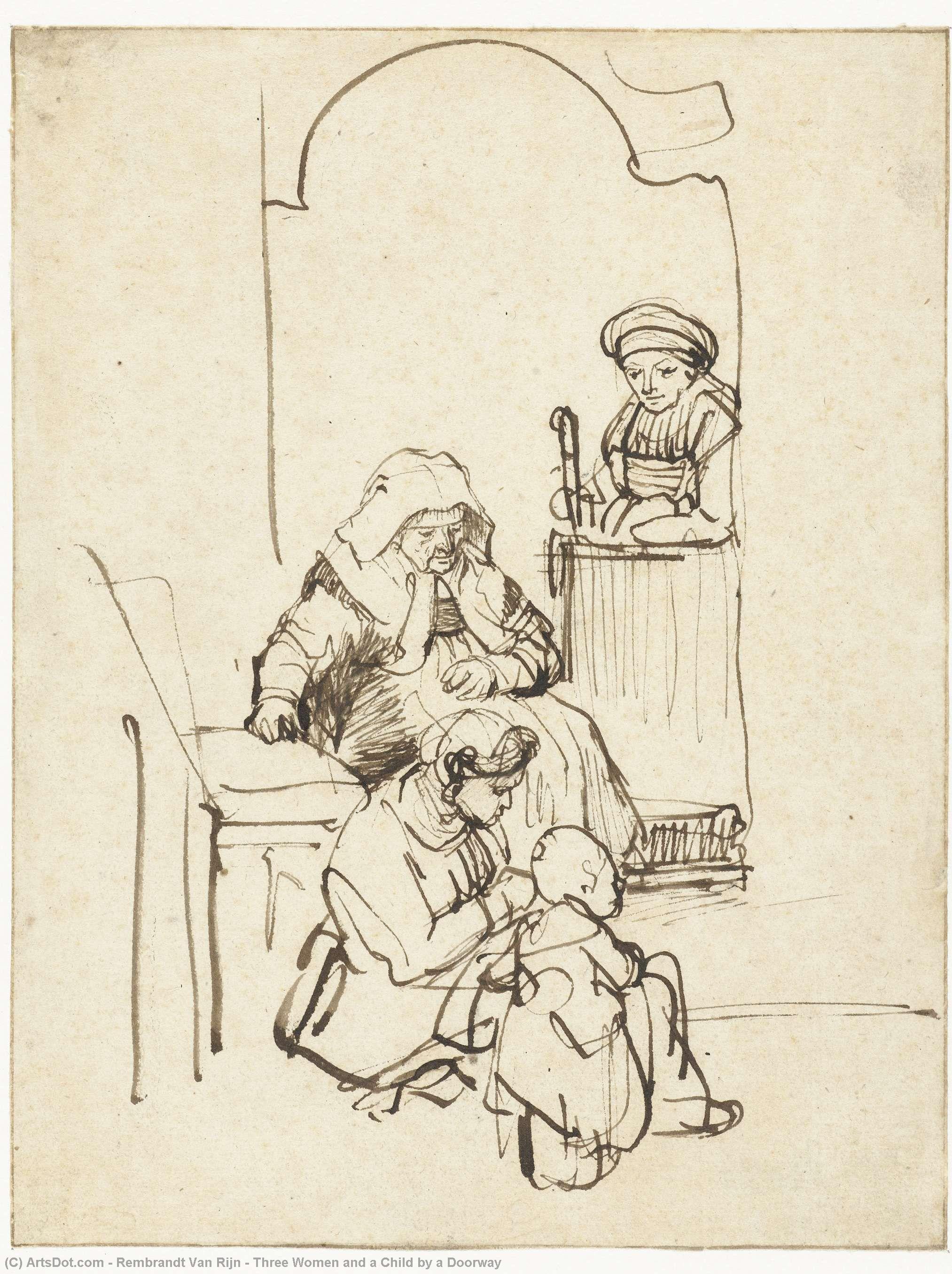 Drei Frauen Und Ein Kind Vor Einem Türrahmen — Rembrandt Van Rijn