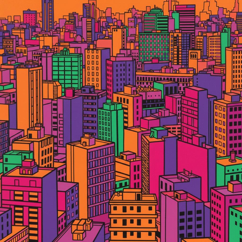 Chromatic Monoliths: A Vibrant Geometric Symphony Of Urban Density And Light — Caroline Pelletier