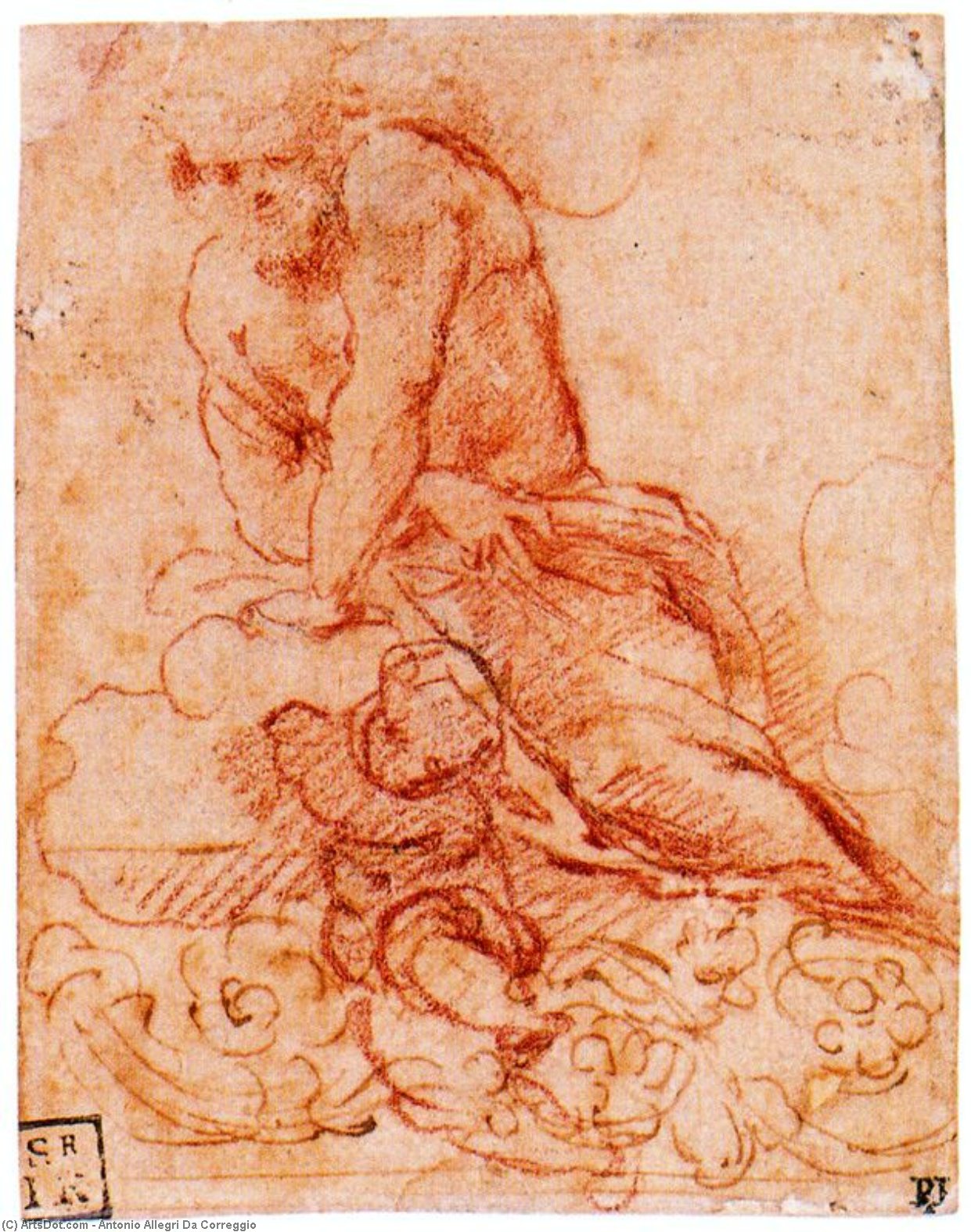 Male Figure On Clouds, With Putto And Decorative Frieze — Antonio Allegri Da Correggio