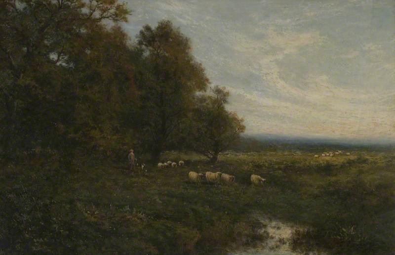 Landscape With Sheep And A Shepherd By A Stream — Alfred East