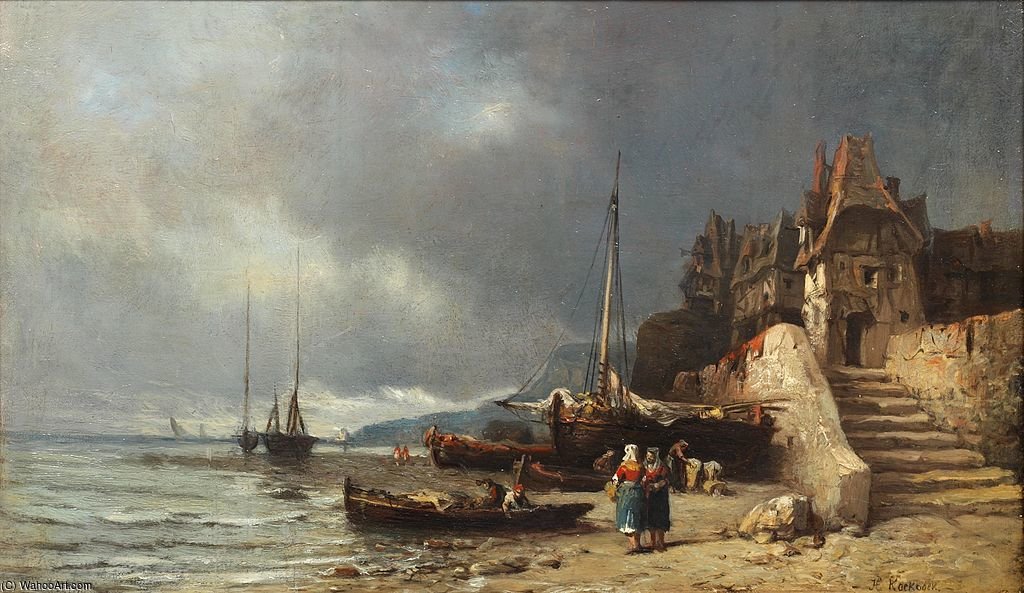 Coastal Scene With Figures Under Stormy Skies — Hermanus Junior Koekkoek