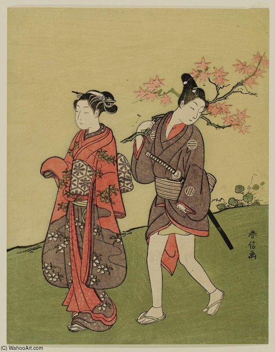 Young Woman And Man With Maple Leaves — Suzuki Harunobu