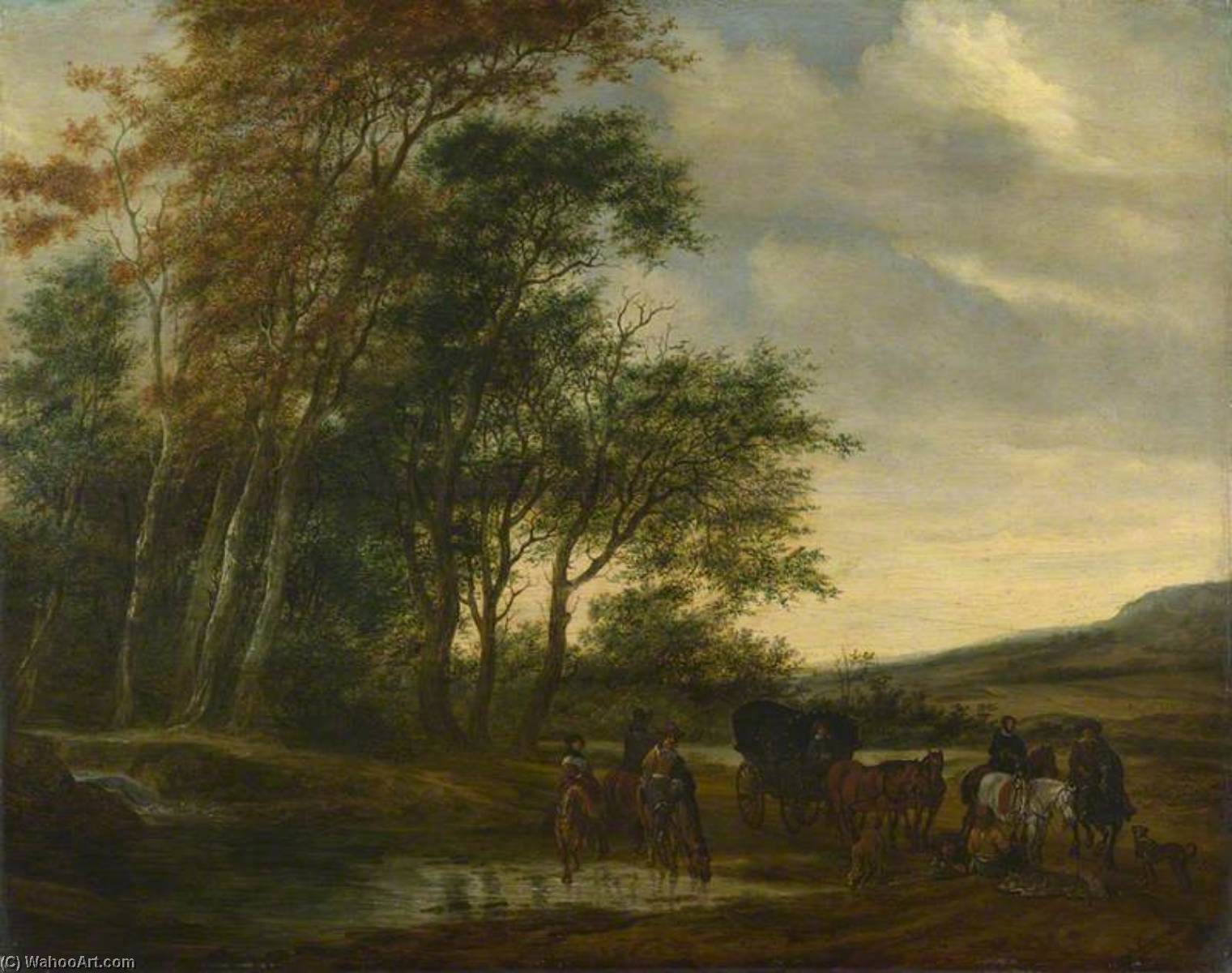A Landscape With A Carriage And Horsemen At A Pool — Salomon Van Ruysdael