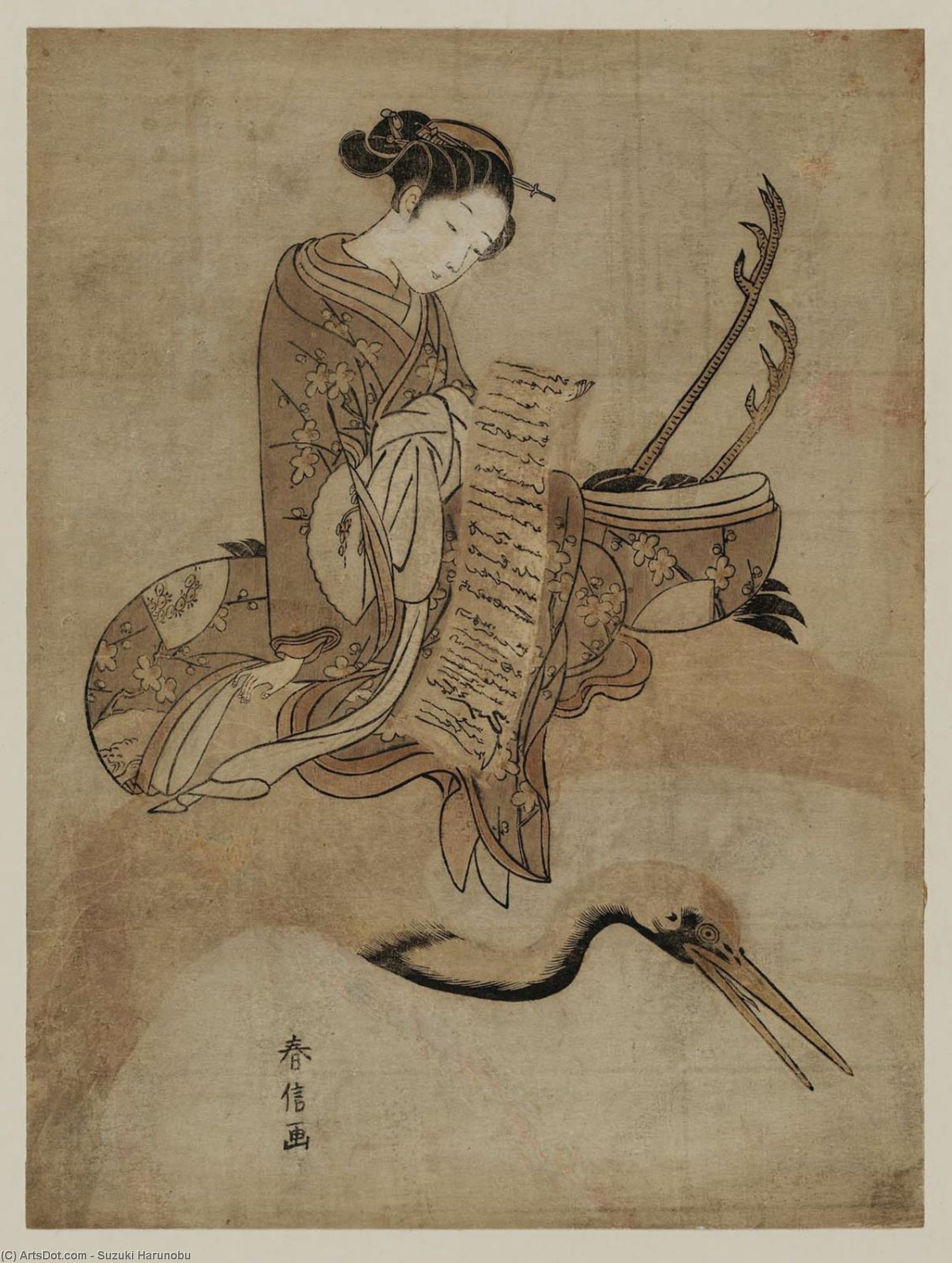 Woman Reading A Letter While Riding A Crane — Suzuki Harunobu