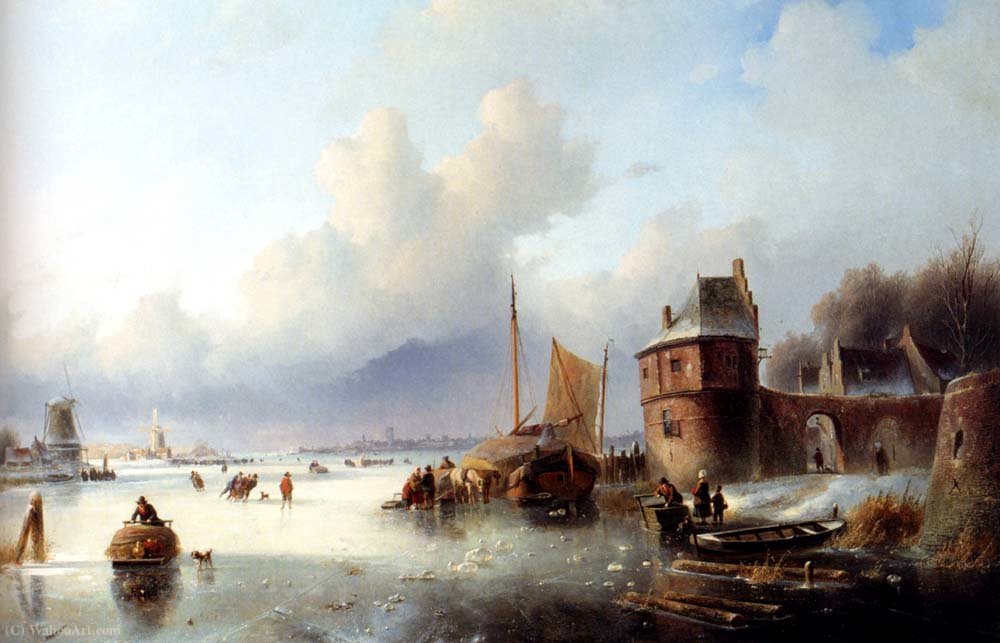 A Winter Landscape With Numerous Skaters On A Frozen Waterway — Jan Jacob Spohler
