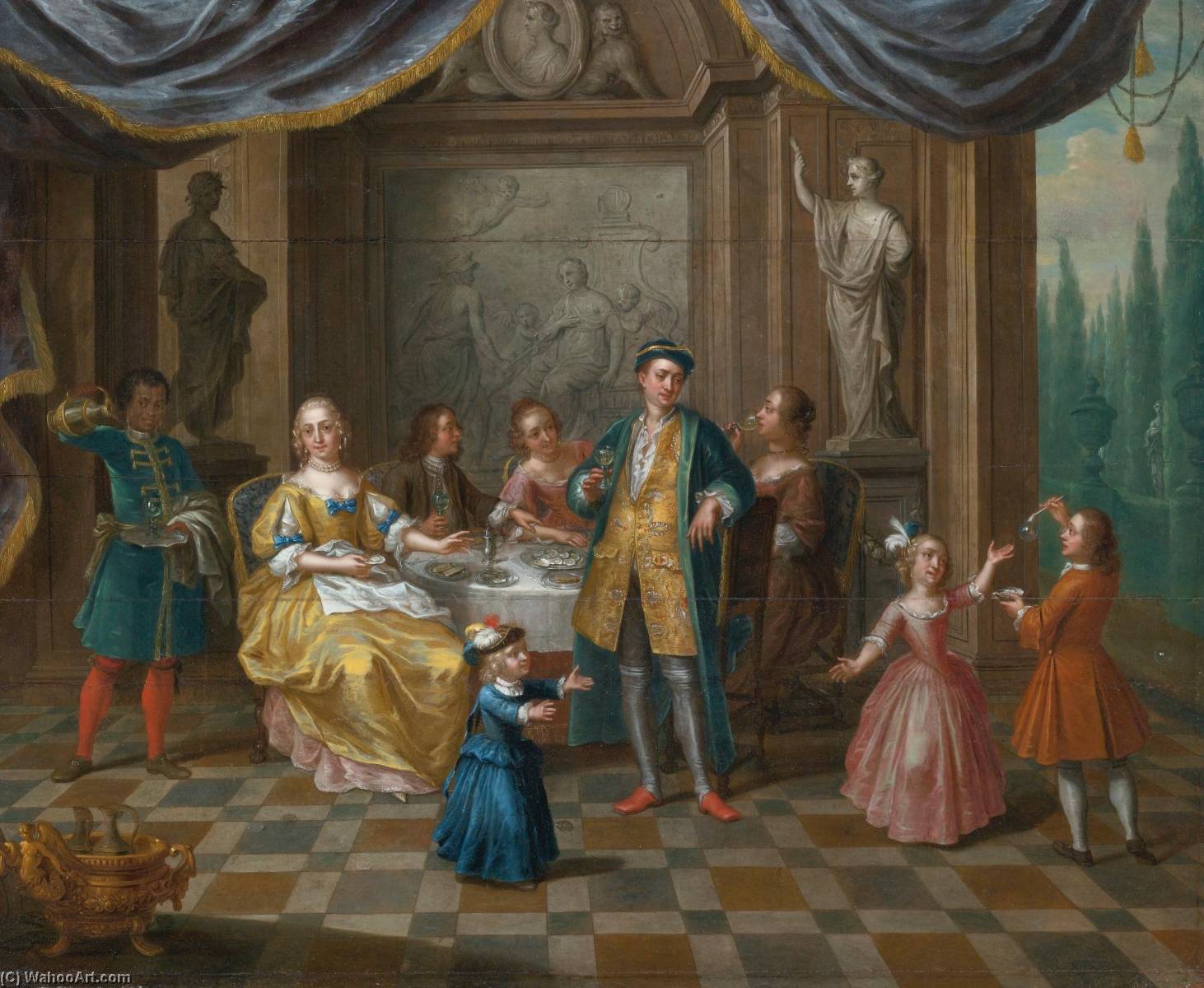An Interior Scene With Figures Seated At A Table Eating Oysters And Children Playing And Blowing Bubbles — Balthasar Beschey
