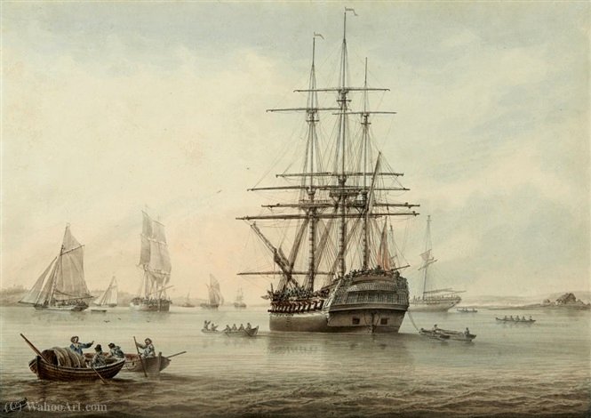 A British Frigate At Anchor With Other Shipping In The Distance — Samuel Atkins