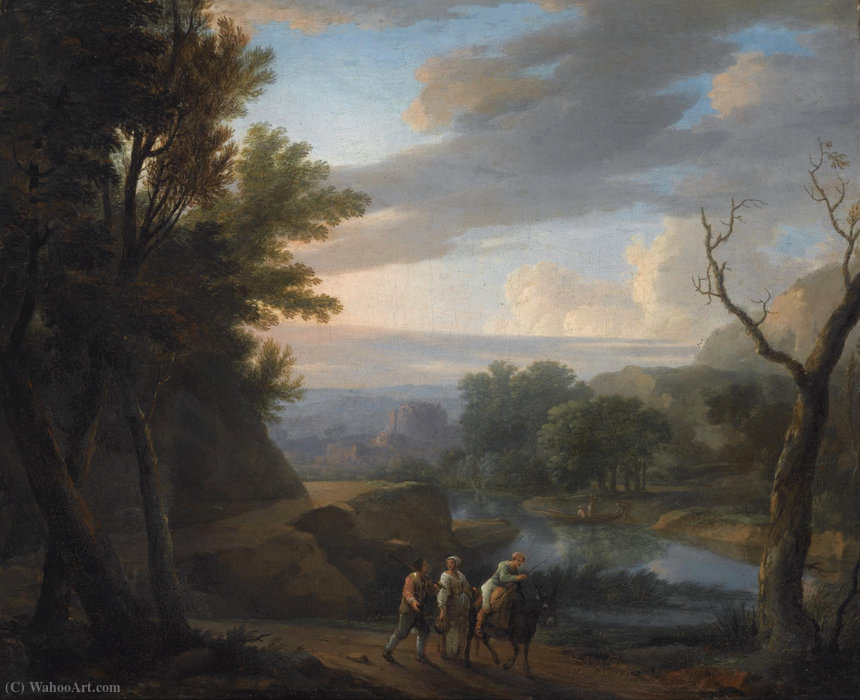 An Italianate Wooded Landscape With Travellers On A Path Along The Riverside — Herman Van Swanevelt