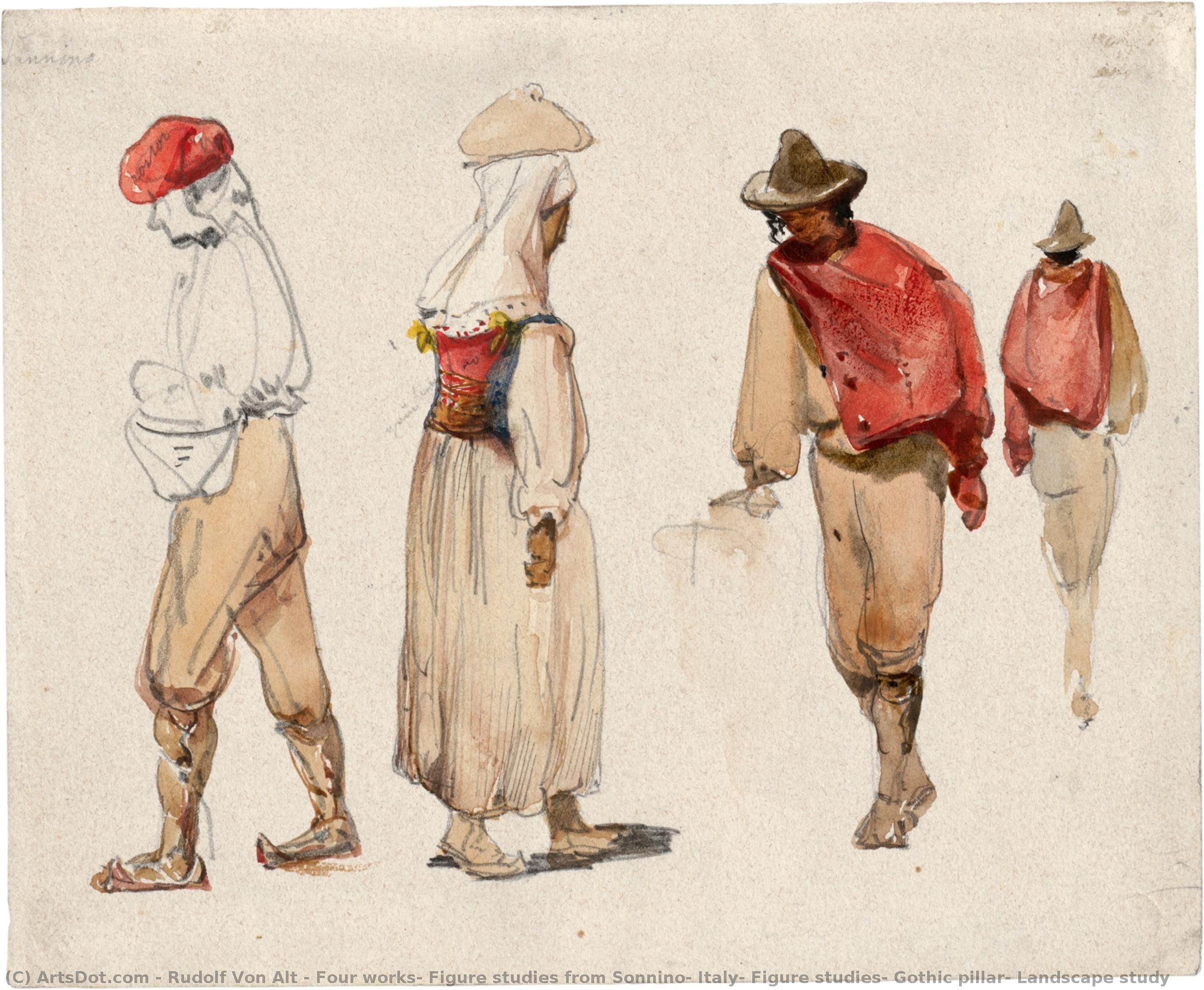 Four Works: Figure Studies From Sonnino, Italy; Figure Studies; Gothic Pillar; Landscape Study — Rudolf Von Alt