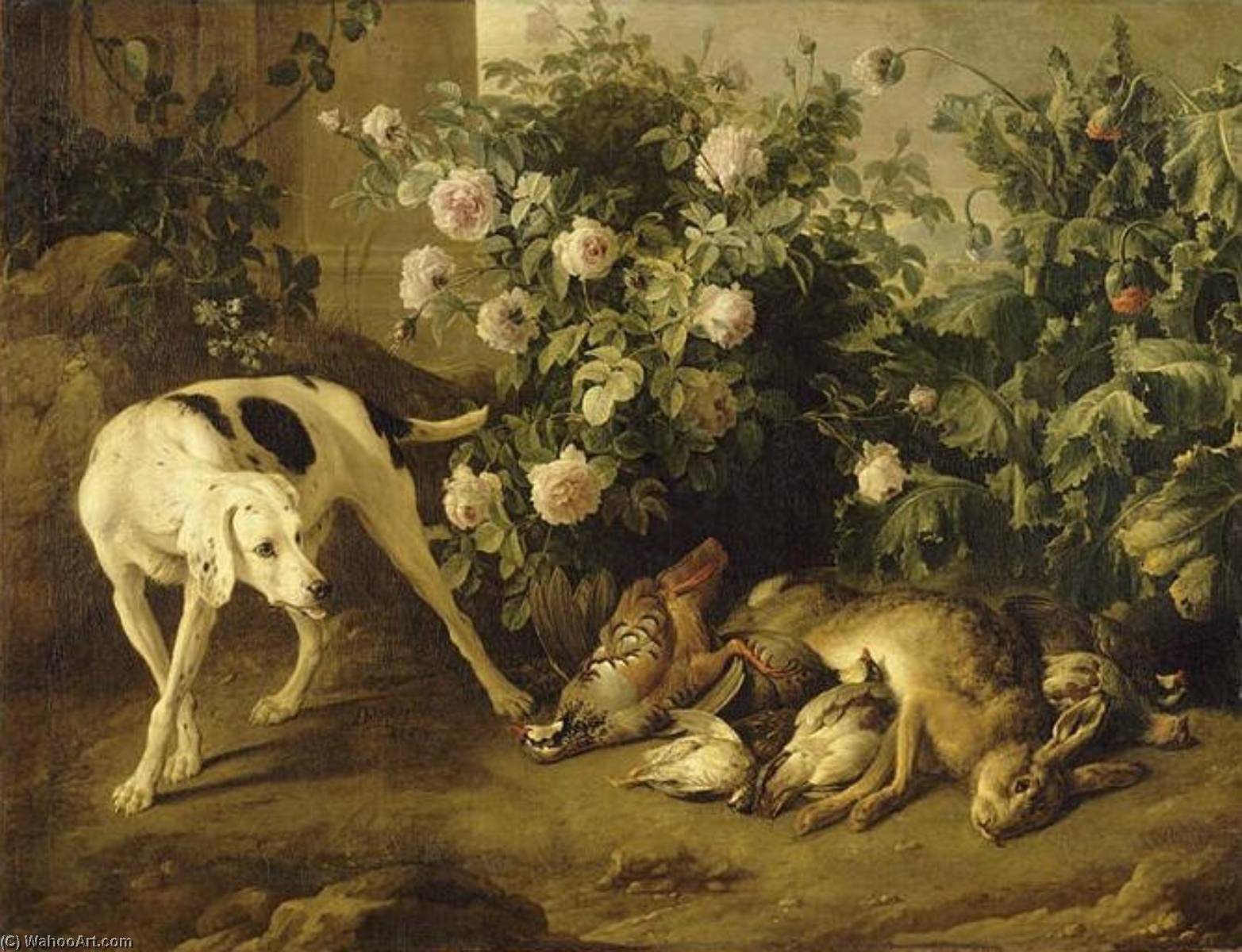 Chien Gardant Du Gibier Aupres D'un Buisson De Roses — Aleksandr Fransoa Desport