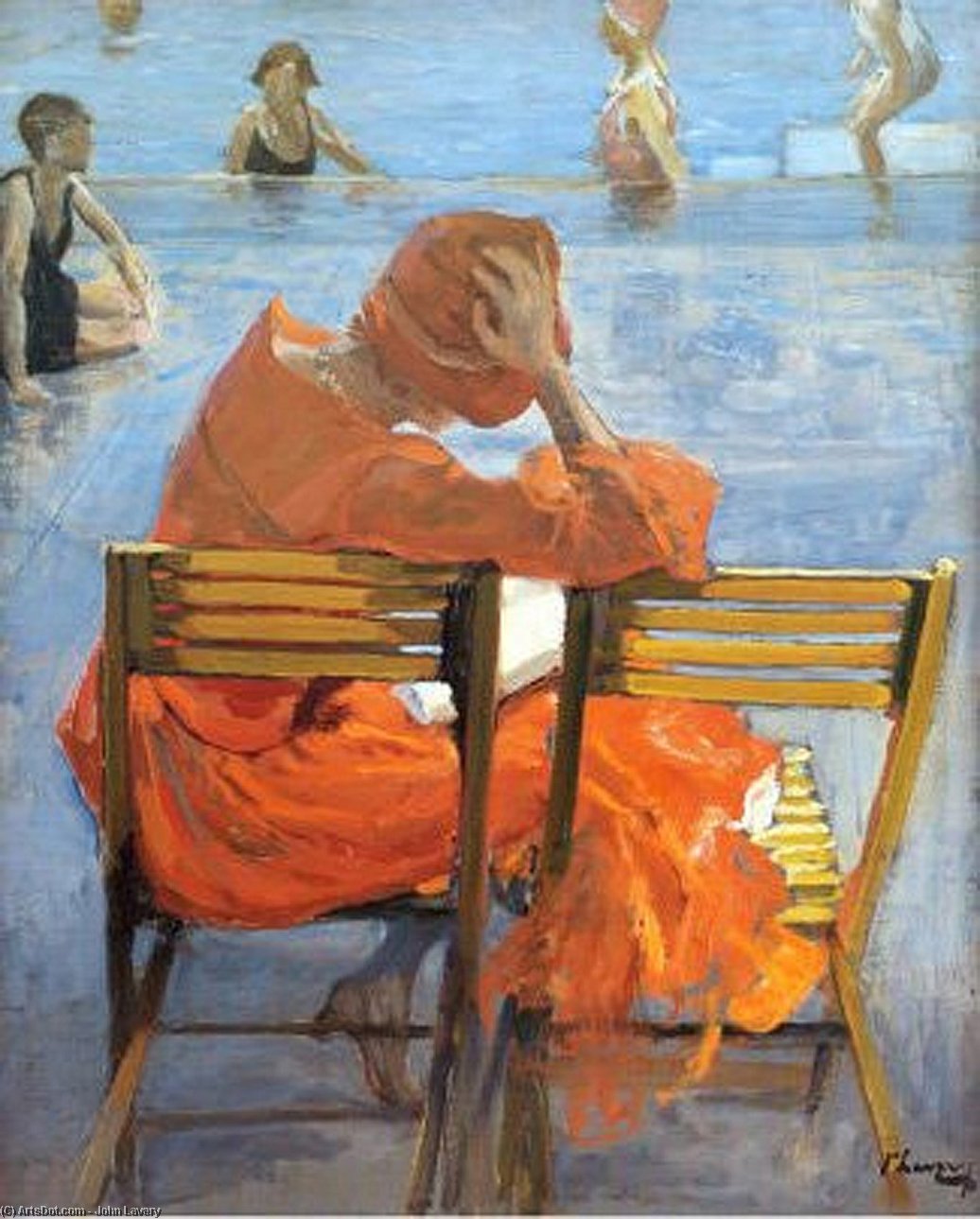 Girl In Red Dress By A Swimming Pool — Sir John Lavery