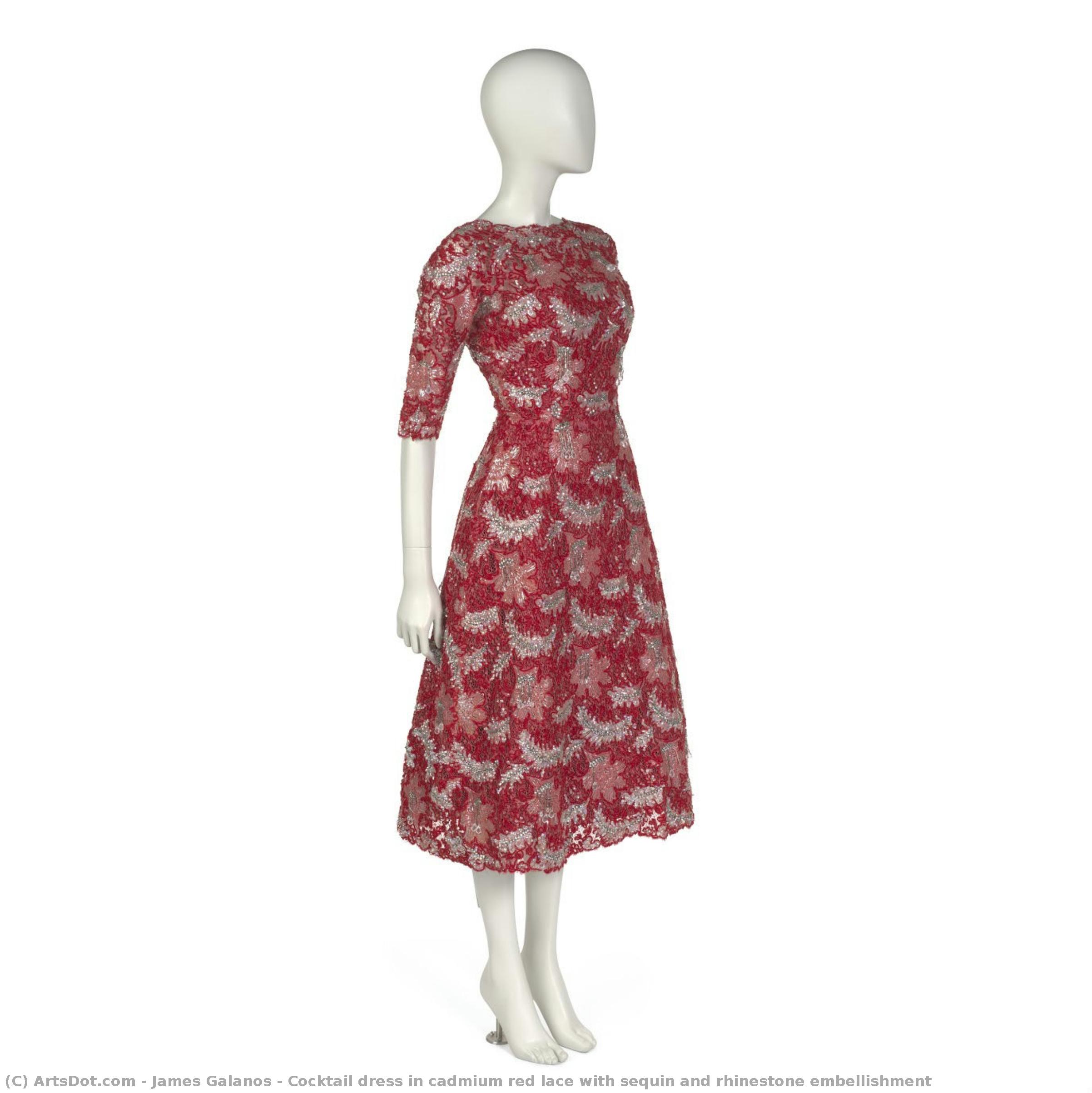 Cocktailkleid Aus Cadmiumroter Spitze Mit Pailletten- Und Strassbesatz — James Galanos