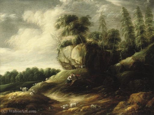 A Wooded Rocky Landscape With A Couple Tending Sheep — Gillis I Peeters