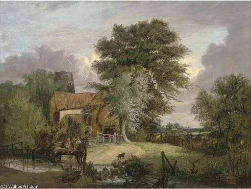 A Wooded Landscape With Figures In A Cart Crossing A Ford, A Cottage And Ruined Tower Beyond — Alfred Stannard