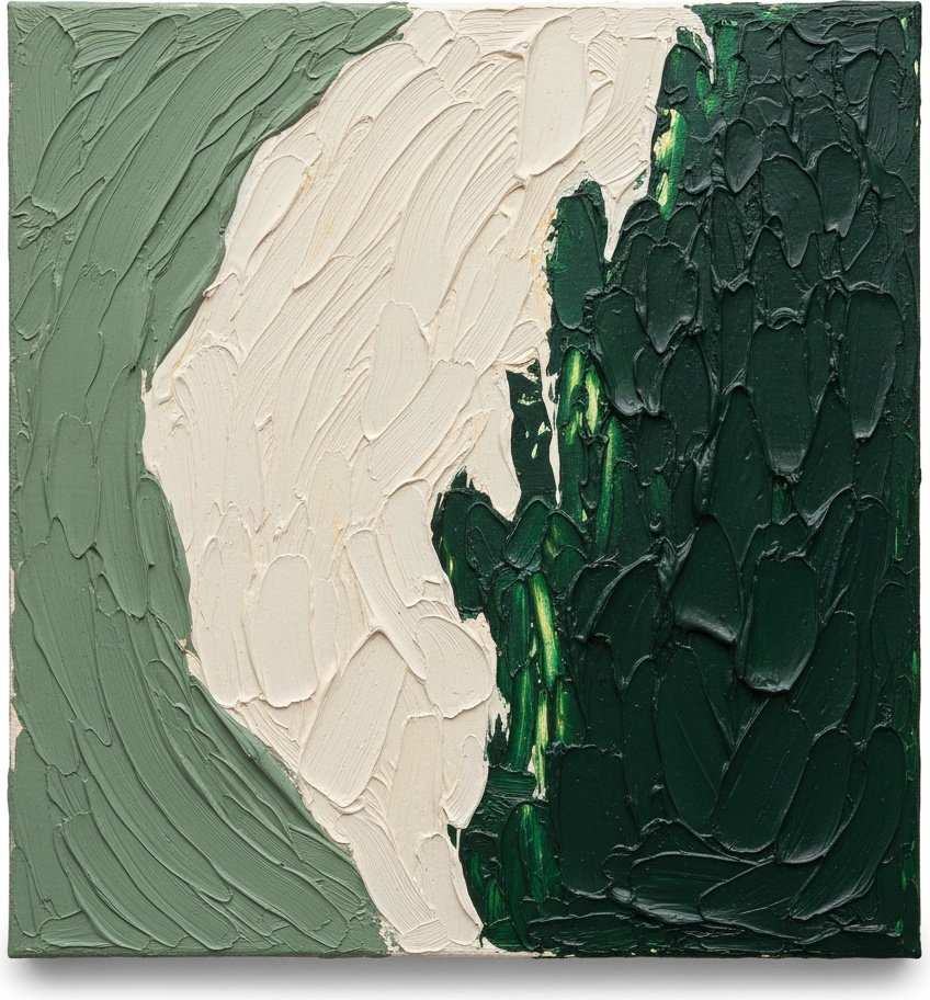 Ethereal Tensions In Sage And Forest: A Monumental Study Of Sculptural Impasto — David Moreau