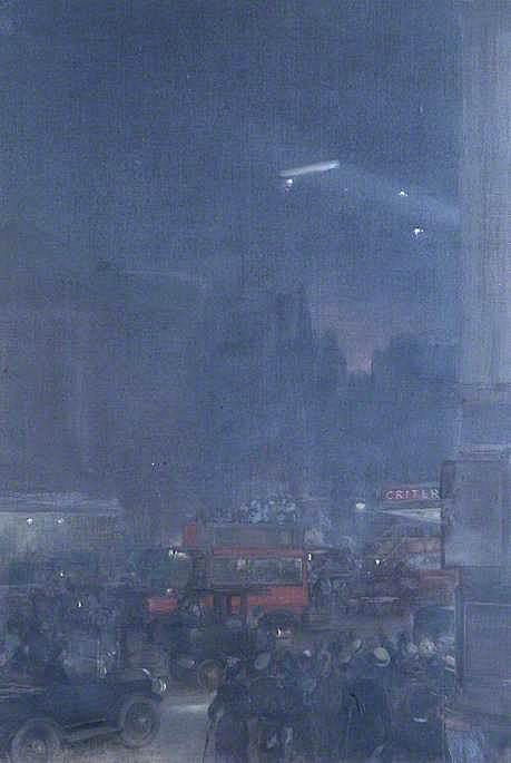 The First Zeppelin Seen From Piccadilly Circus, 8 September 1915 — Andrew Garrick Gow
