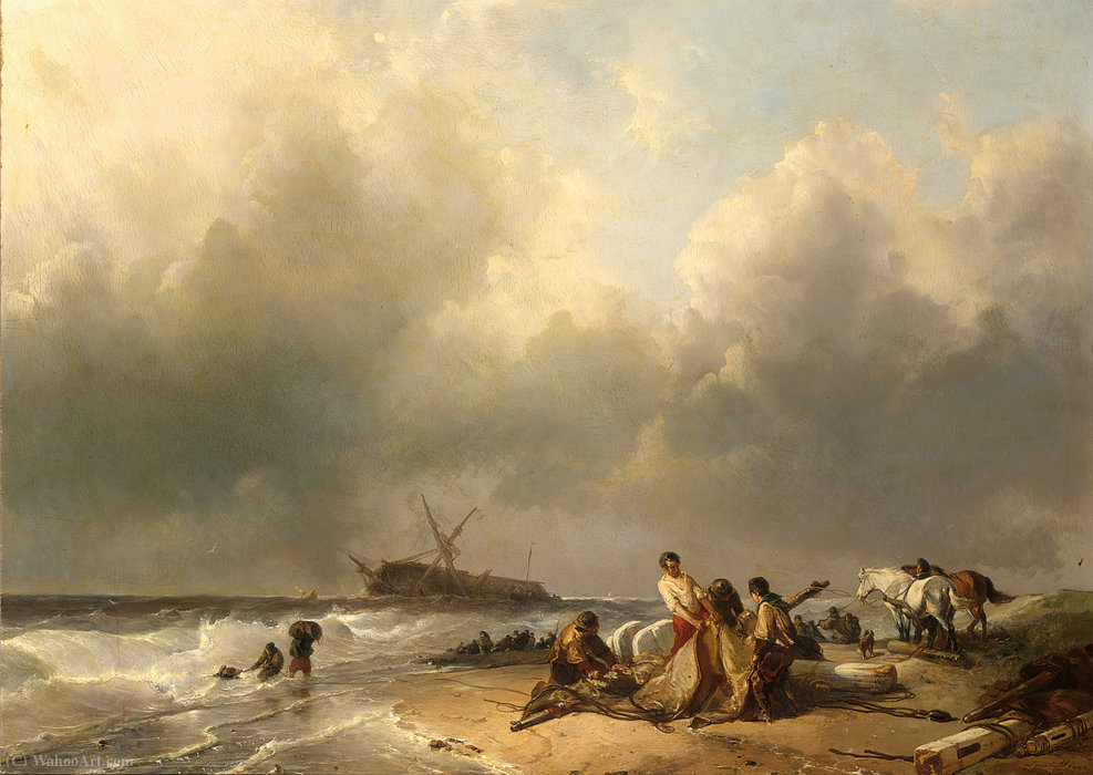 Figures On The Beach, A Schip Wreck In The Breakers — Louis Meijer